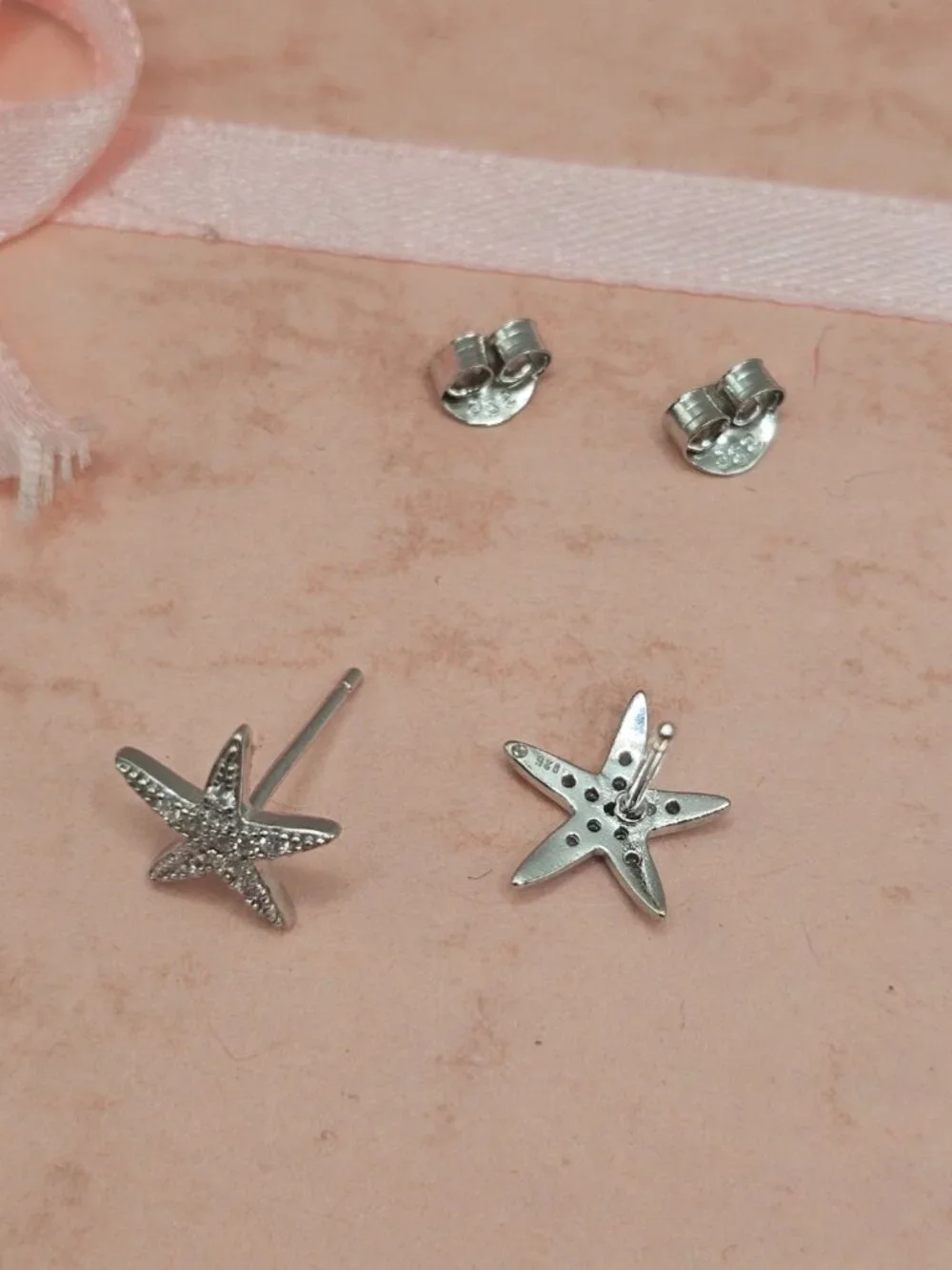 Sterling Silver 925 Rhodium Plated Sea Starfish Cubic Zirconia Stud Earrings
